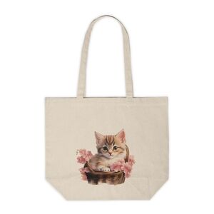 Floral Cat in a Basket Custom Canvas Tote Bag